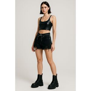 LF The Brand Black Rebel Distressed Denim Hot Shorts Zip Sides Raw Hem Sz 28 NWT